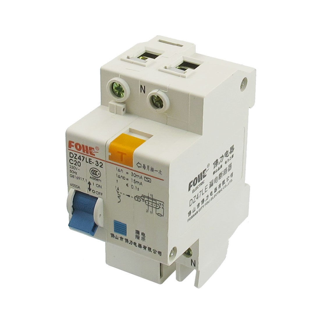 AC 230V 20A Single Pole Overload Protection Earth Leakage Circuit Breaker 1P+N