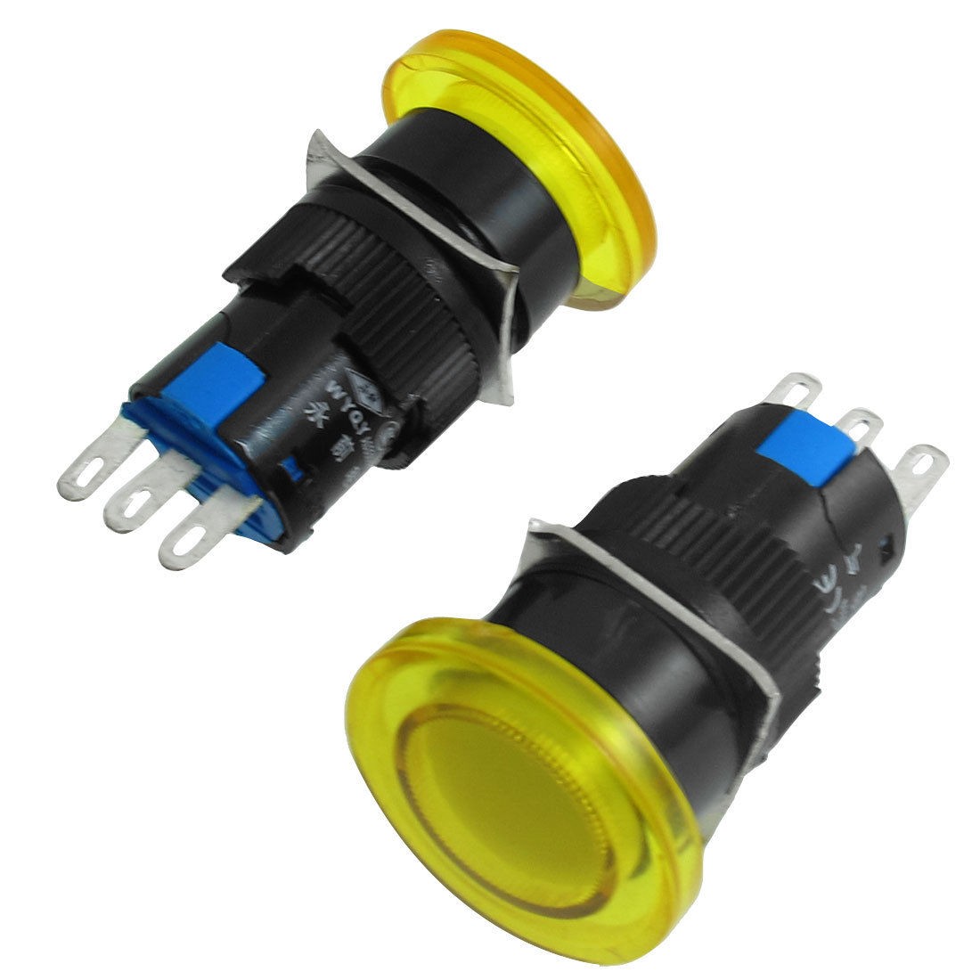 AC 250V 5A 3 Pin 1NO 1NC Yellow Momentary Mushroom Push Button Switch 2 Pcs