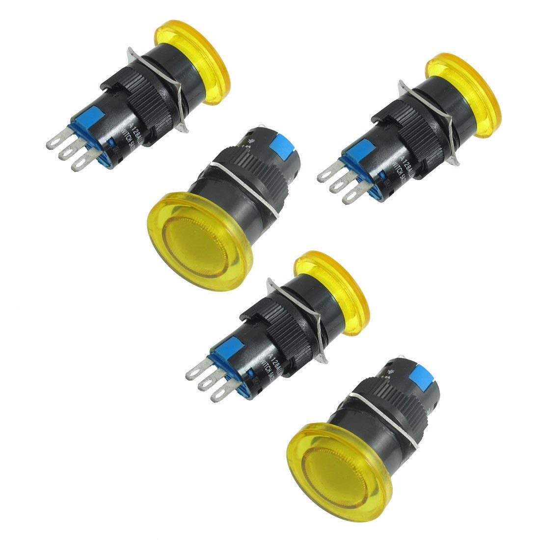AC 250V 5A 3 Pin 1NO 1NC Yellow Momentary Mushroom Push Button Switch 5 Pcs