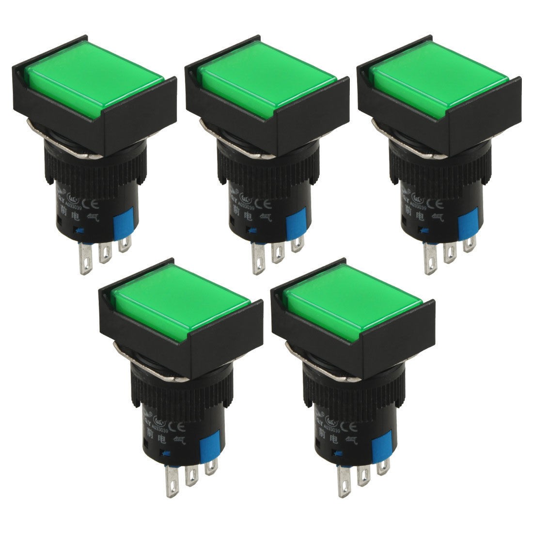 AC 250V 5A 1NO 1NC Latching Green Rectangular Push Button Switch 5 Pcs