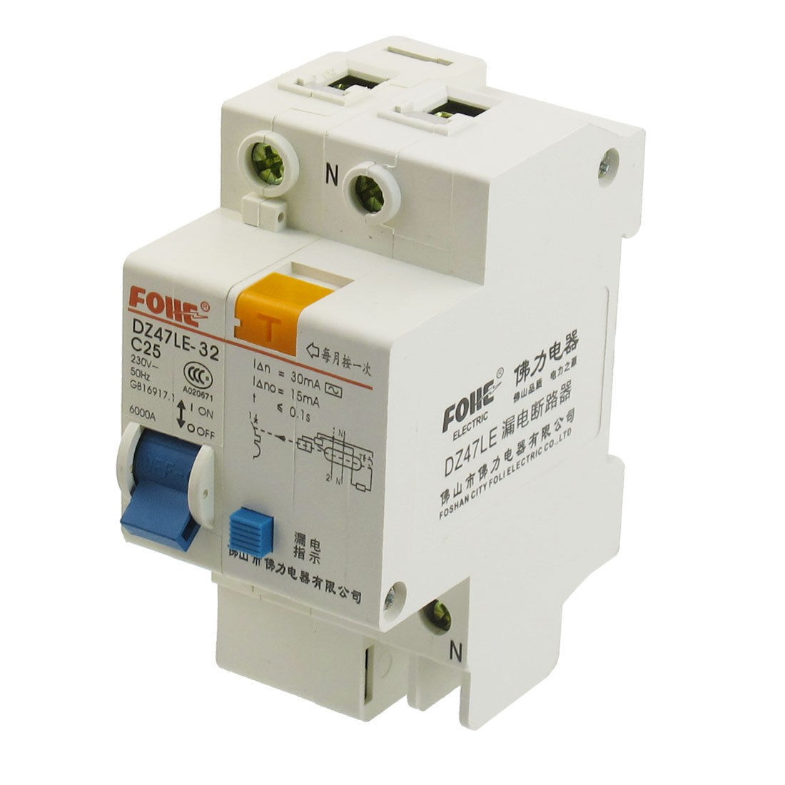 AC 230V 25A Single Pole Overload Protection Earth Leakage Circuit Breaker 1P+N