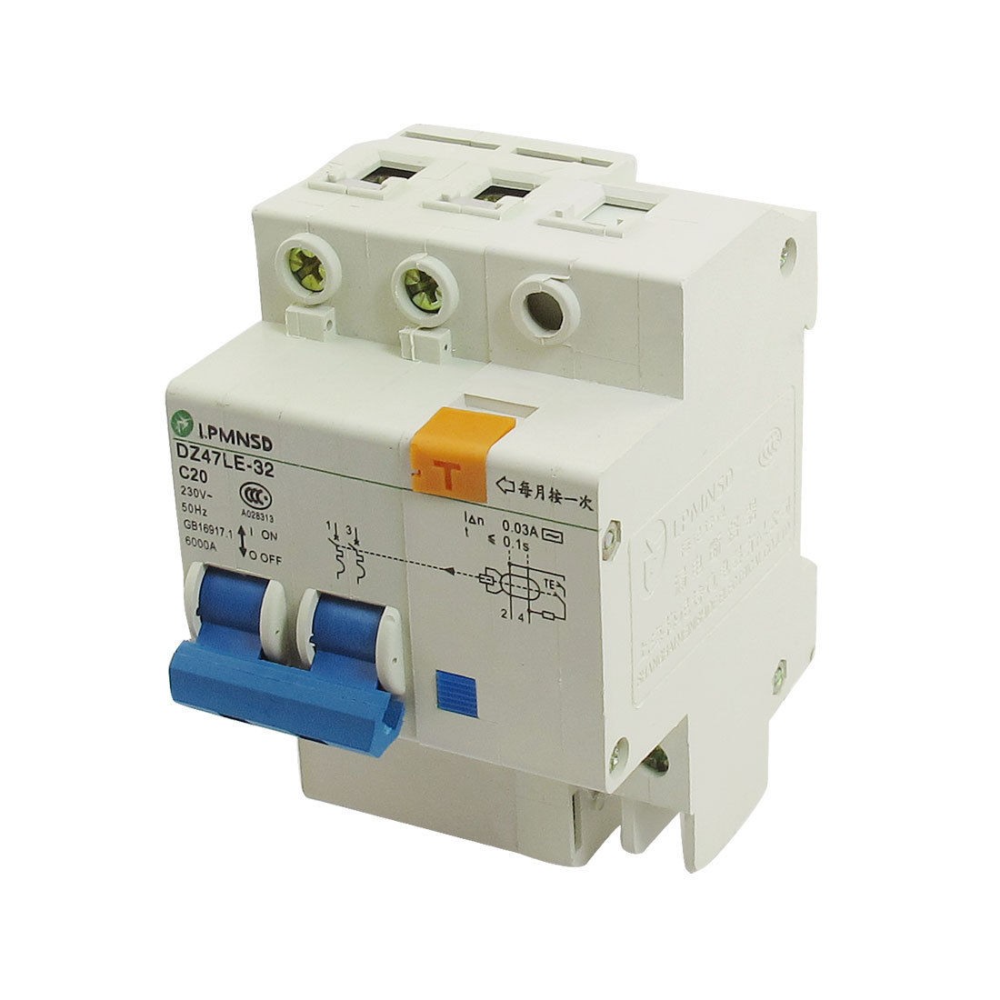 DZ47LE-32 230VAC 20A 2P 6000A Breaking Capacity Earth Leakage Circuit Breaker
