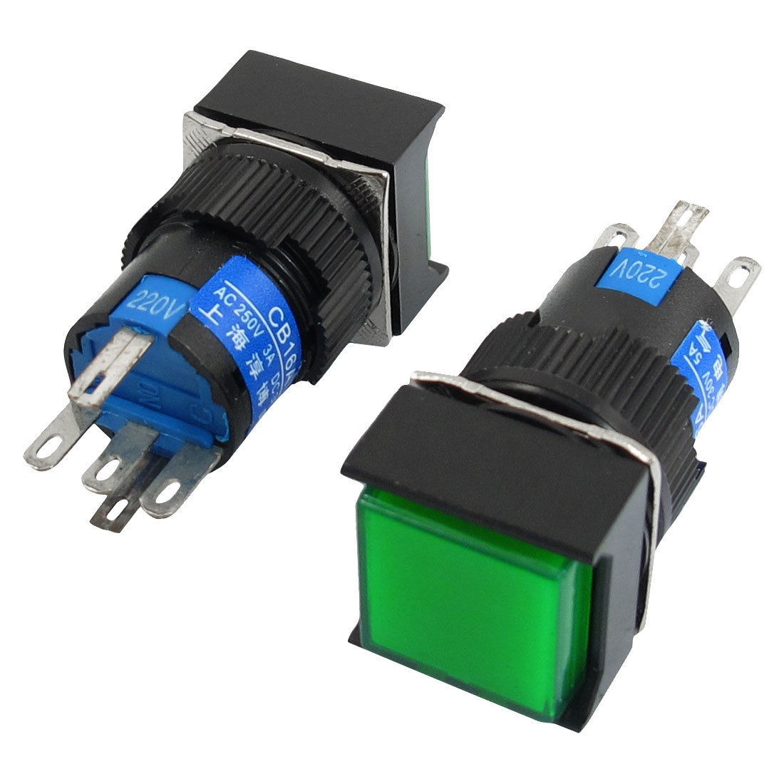 2 Pcs Green Sign Square Type Latching Push Button Switch 5P NO NC 220VAC Lamp