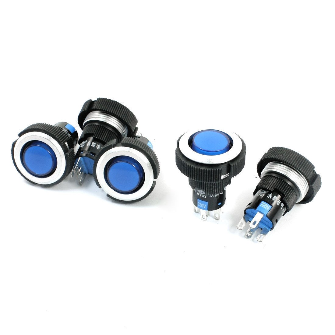 5Pcs AC220V 22mm Thread Blue Pilot Lamp SPDT Momentary Plastic Pushbutton Switch