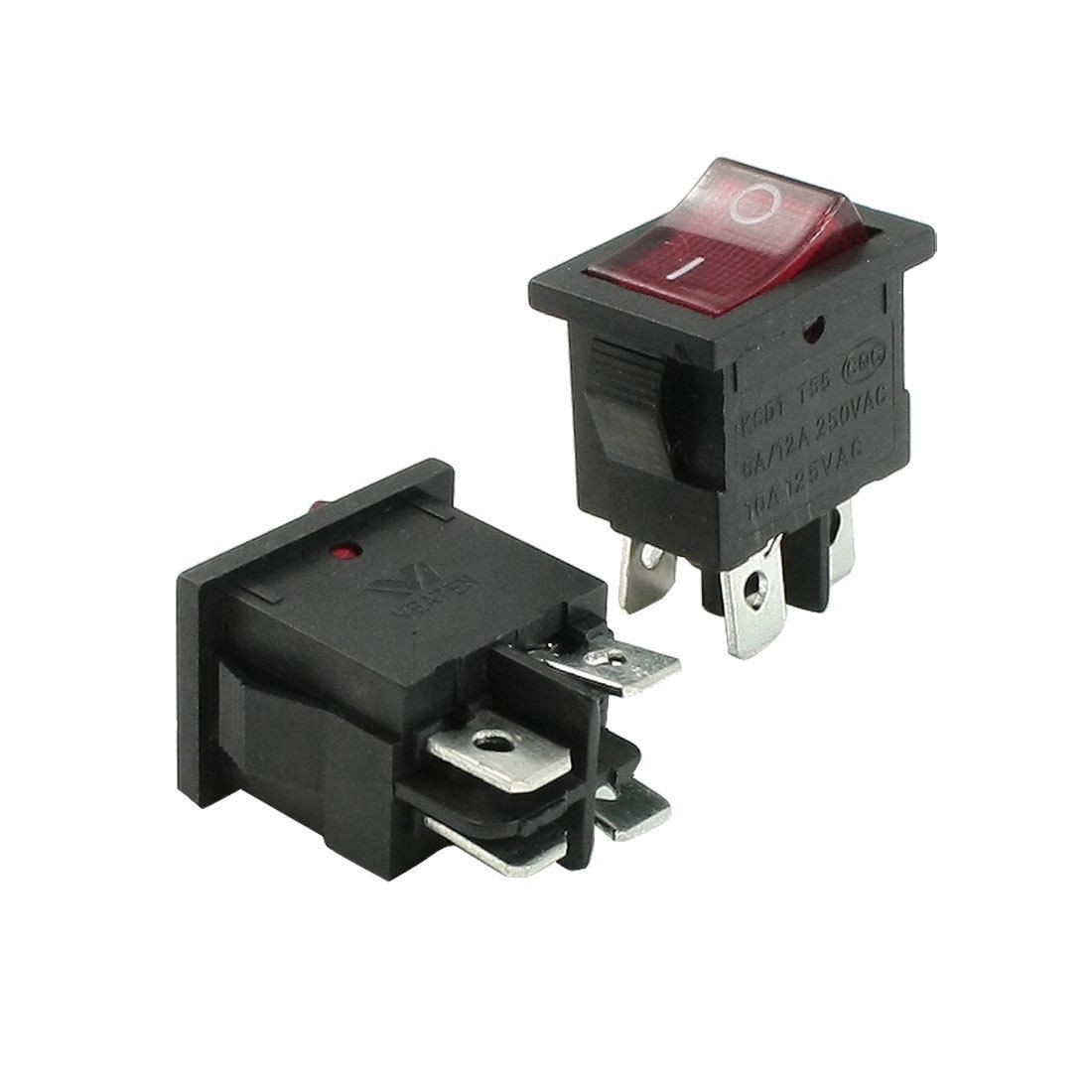 6A/12A 250VAC 10A 125VAC 4 Pin DPST Red Indicator Light Rocker Switch 2 Pcs