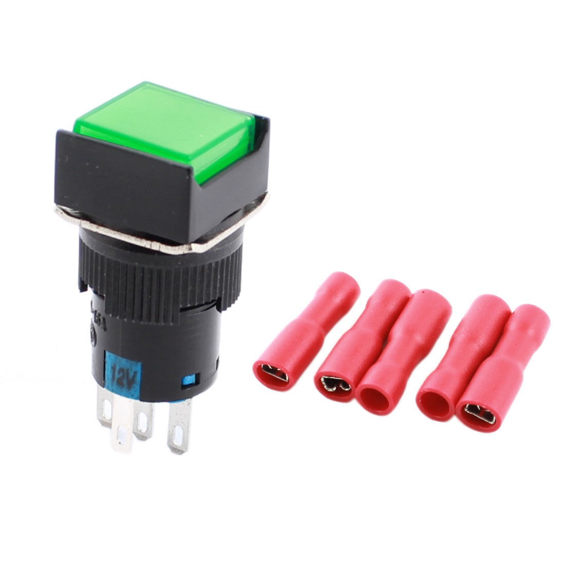 DC 12V Green Light SPDT Momentary Square Pushbutton Switch w Female Connectors