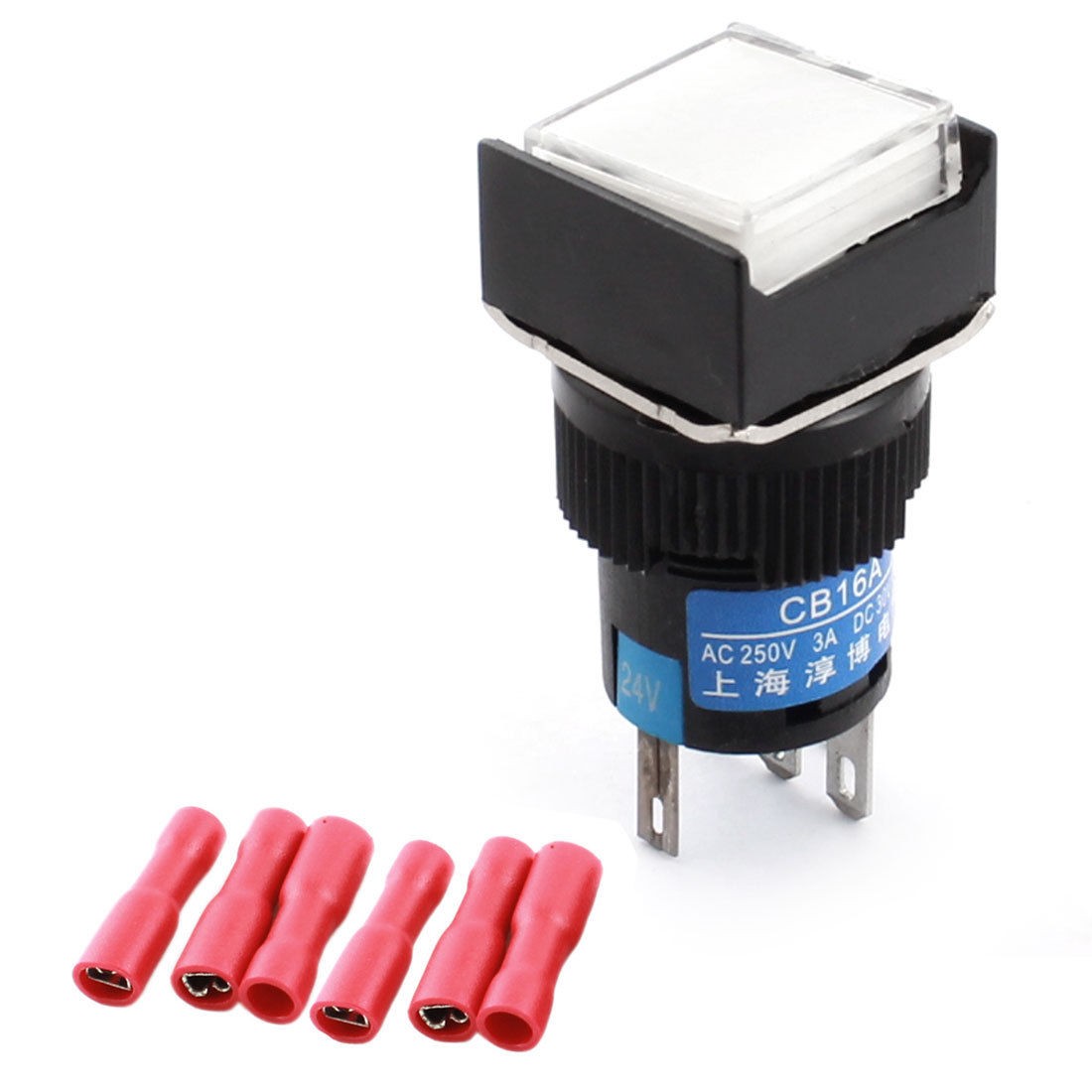 DC 24V White Lamp Panel SPDT Non Locking Pushbutton Switch w Crimp Terminals