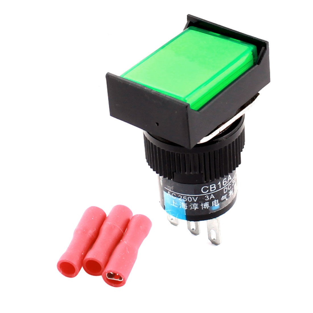 Green Button Self Locking Pushbutton Switch + 3 x Crimp Connectors