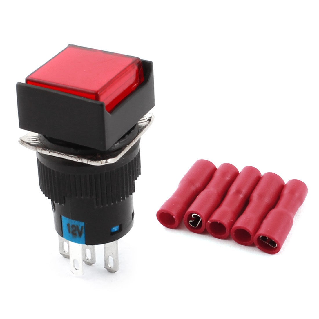 DC12V Red Light Momentary Rectangle Pushbutton Switch w Wiring Terminals