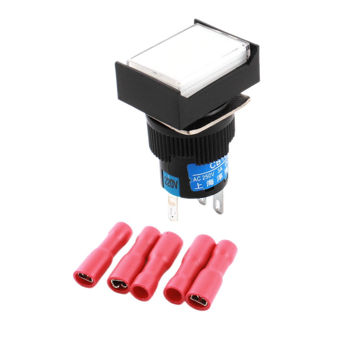 AC 220V 16mm Panel SPDT Momentary Rectangle Pushbutton Switch w Crimp Connectors