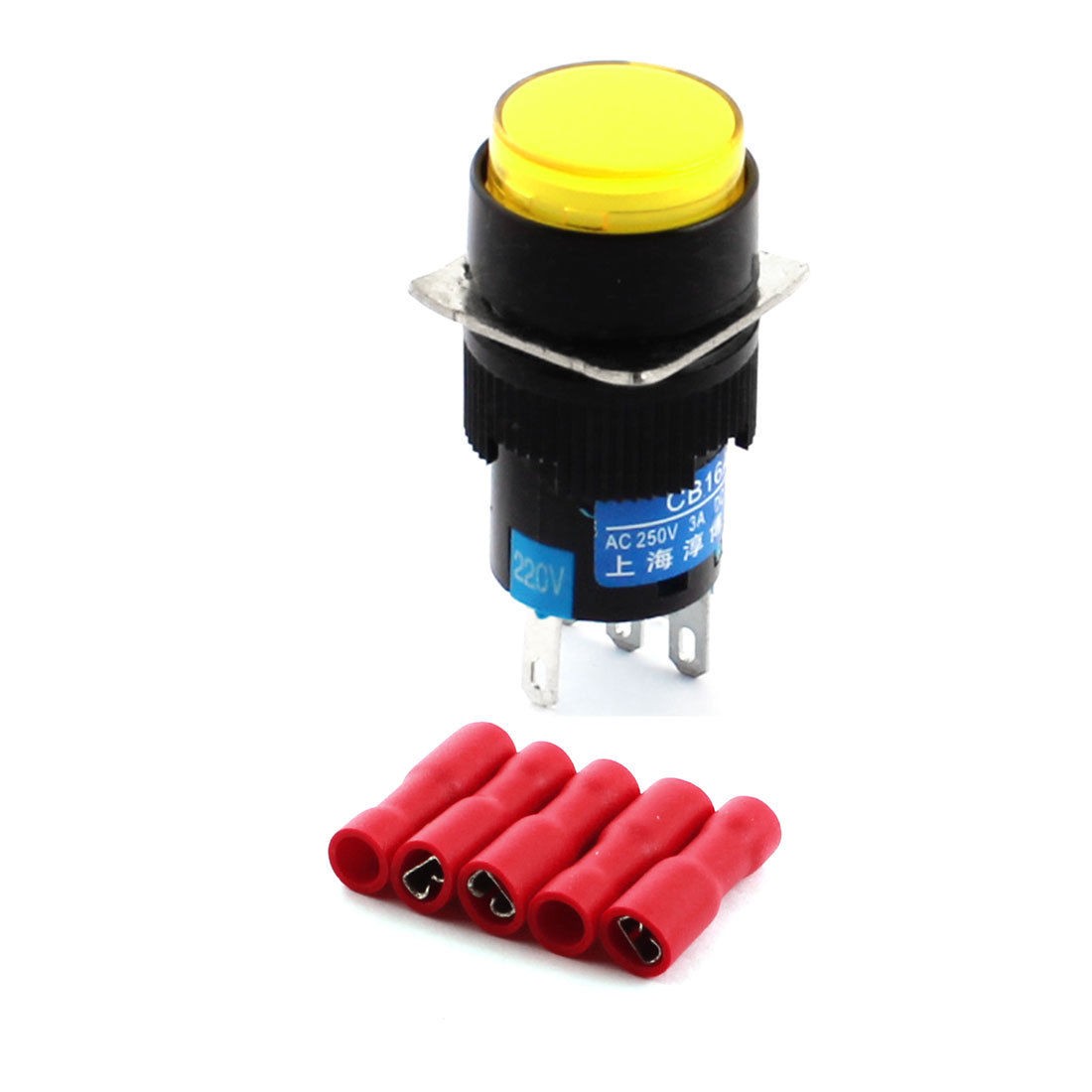 AC 220V Yellow Light Panel SPDT Momemtary Pushbutton Switch w Crimp Termianls