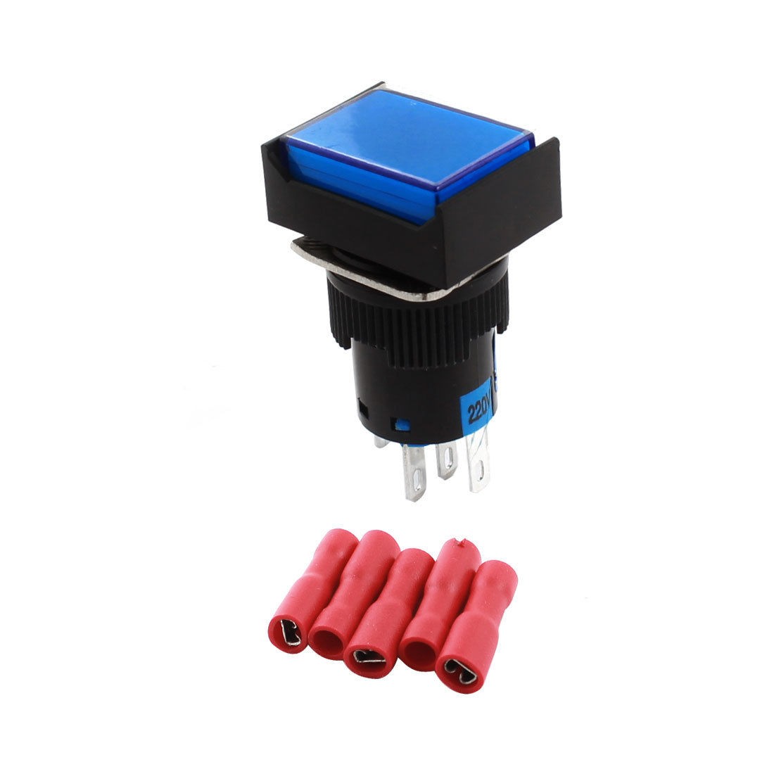AC 220V Blue Light NO NC Momentary Rectangle Pushbutton Switch w Spade Connector