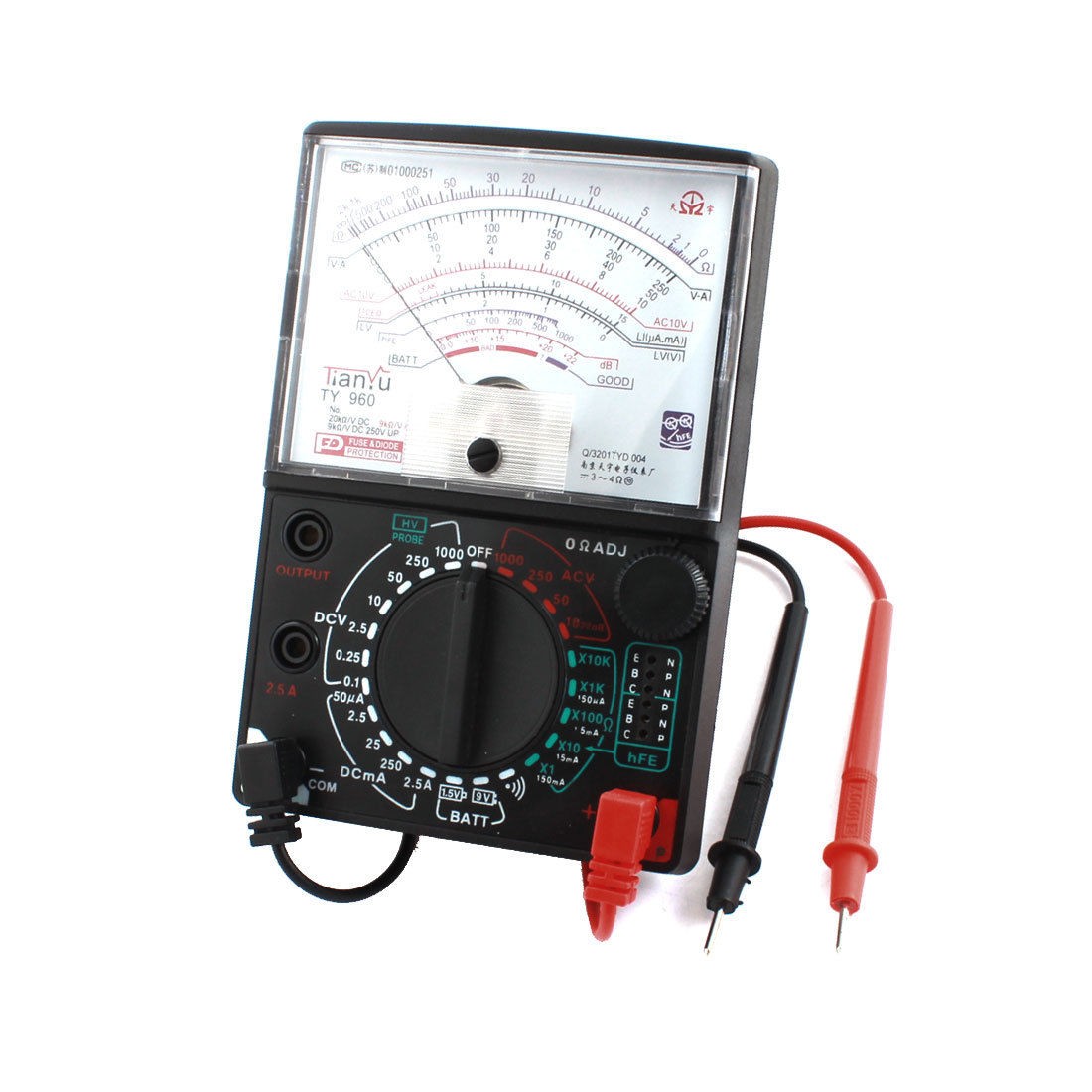 TY-960 Ohm Ampere Volt Diode Measuring Analog Multitester Multimeter w Leads