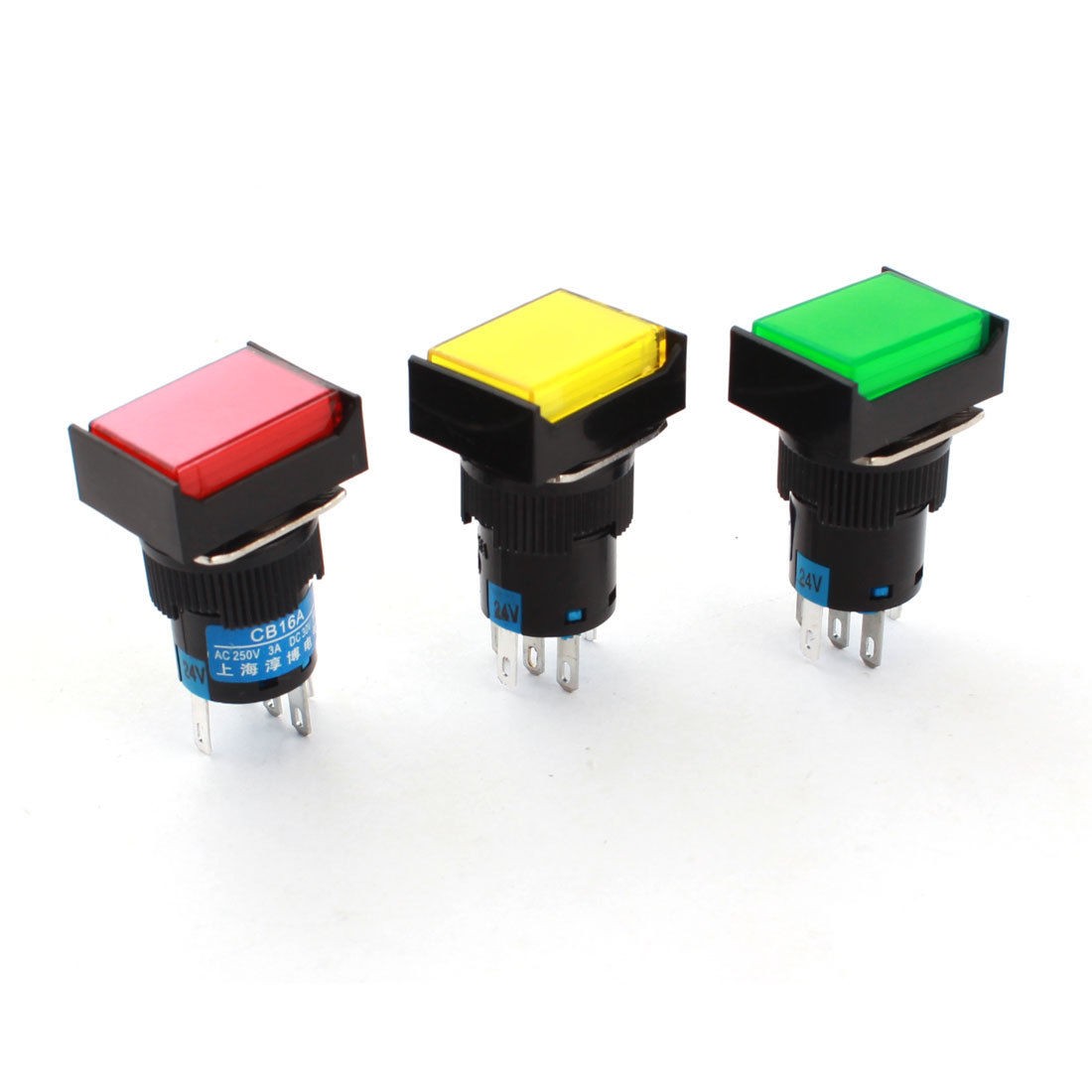 3Pcs DC24V Light SPDT Latching Rectangle Push Button Switch + 15pcs Connector