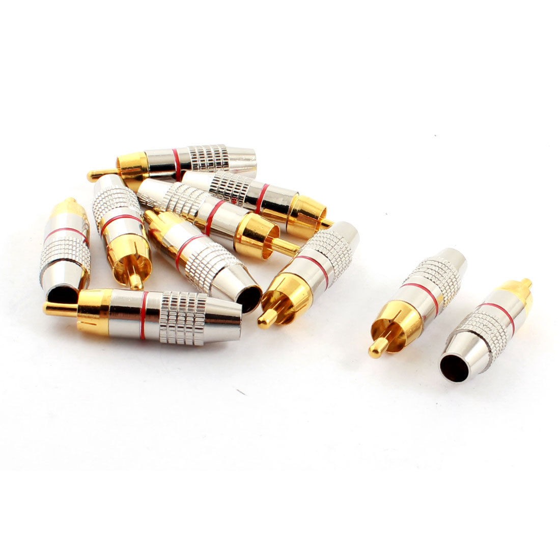 10 x RCA Male Plug Non Solder AV Cable Locking Connector Gold Silver Tone