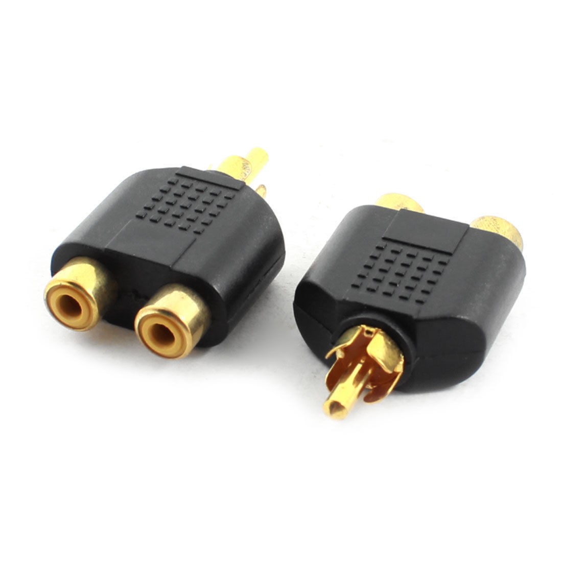 2pcs RCA Male to 2 RCA Female Jack AV Audio Adapter Splitter Connector Gold Tone