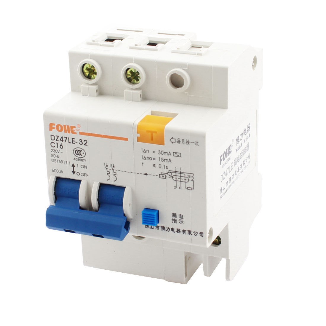 AC230V 16A DZ47LE-32 2 Phase 6kA Overload Circuit Breaker w Lead Rail