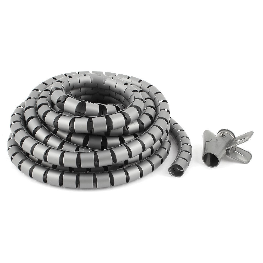 Spiral Tube Cable Wire Wrap Organizer PC Cord Management w Clip 25mmx5m Gray