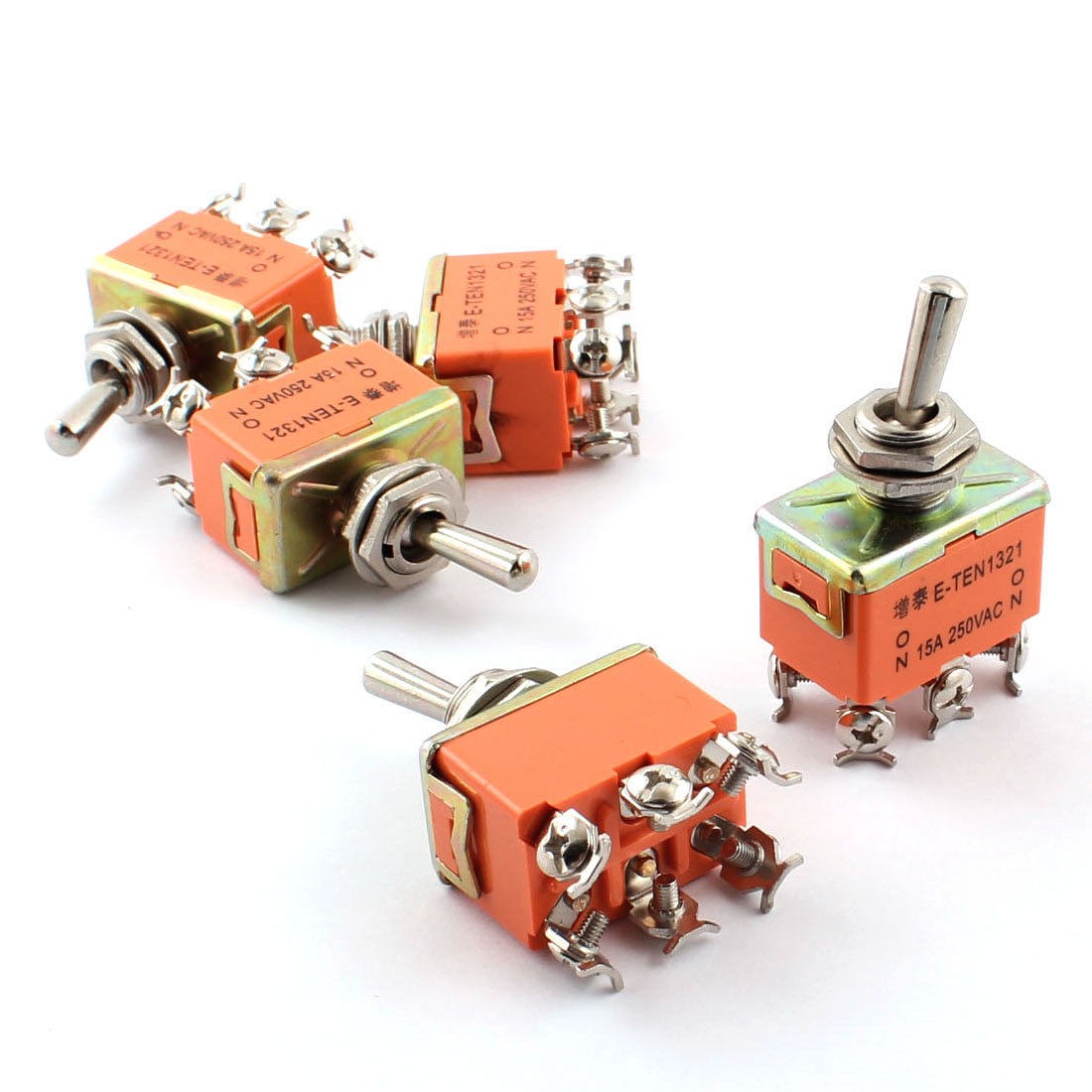 5Pcs AC250V 15A 12mm DPDT 6 Screw Terminals ON/ON Metal Toggle Switch Orange