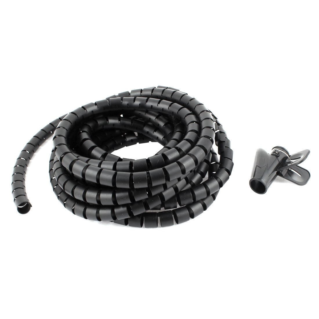 5m 16.4ft 15mm Inner Dia Black Spiral Bands Cable Organizer Wrap w Wire Clip