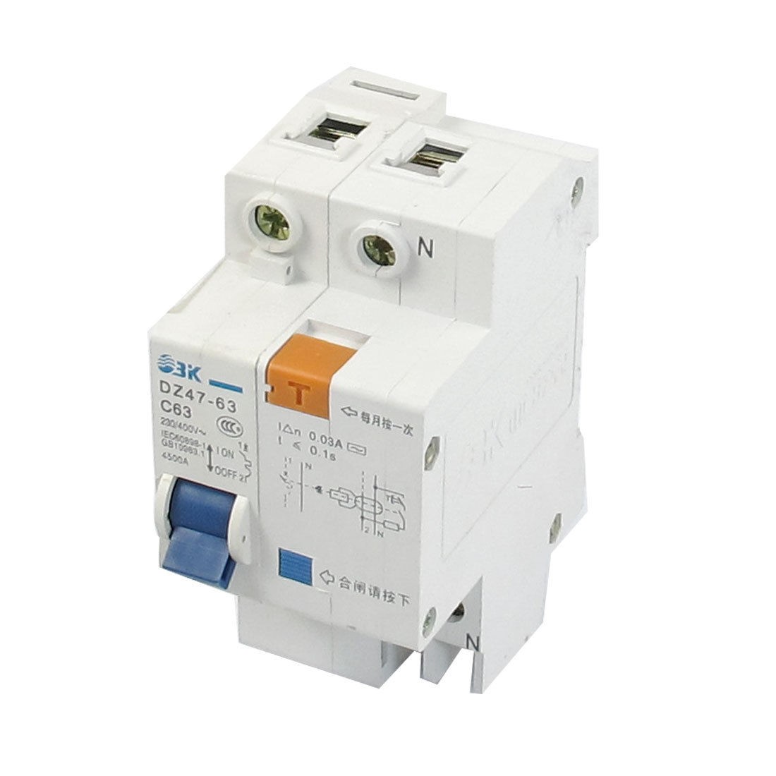 AC 230V/400V 63A 4500A Breaking Capacity 1P+N Earth Leakage Circuit Breaker