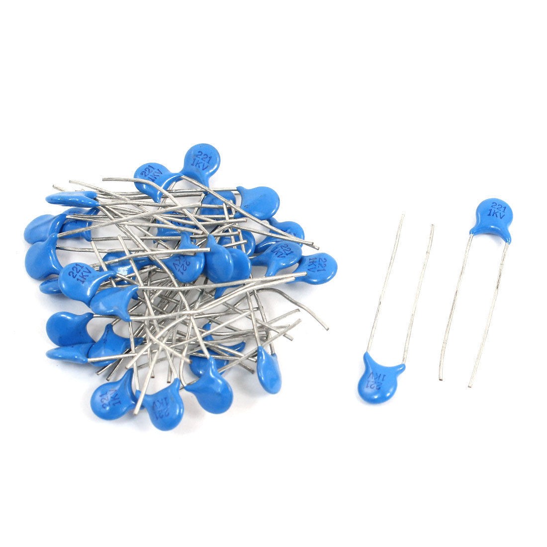 30 Pcs AC 1KV 220pF Radial Lead DIP Ceramic Disc Capacitors Blue