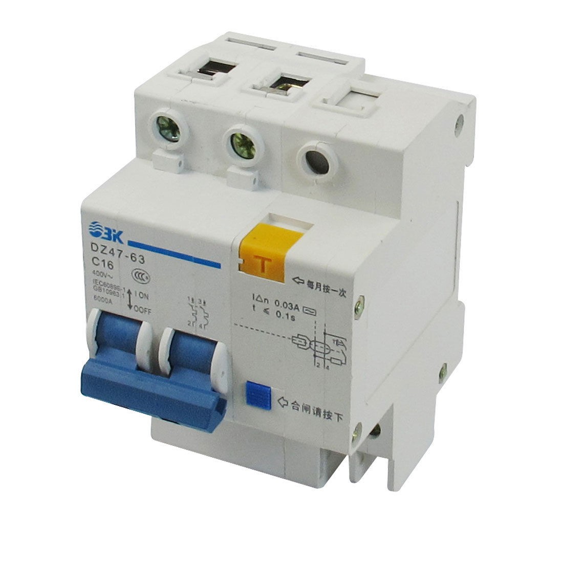 AC 400V 16A 6000A Breaking Capacity DIN Rail 2P+N Earth Leakage Circuit Breaker