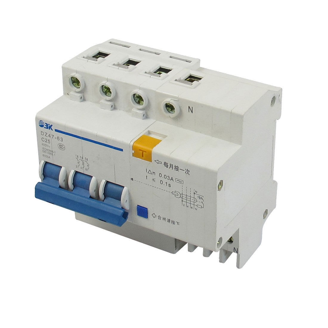 6000A Breaking Capacity DIN Rail 3P+N Earth Leakage Circuit Breaker AC 400V 25A