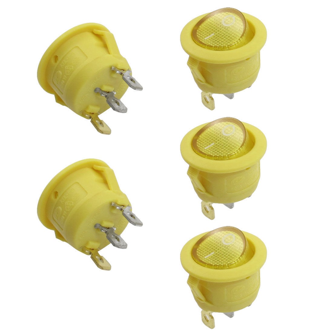 5 Pcs SPST On/Off Yellow Neon Lamp Round Rocker Switch AC 6A/250V 10A/250V