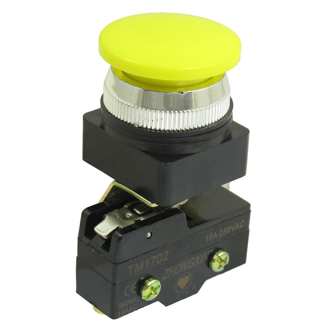 AC 250V 15A 1NO 1NC 30mm Thread Momentary Yellow Mushroom Button Micro Switch