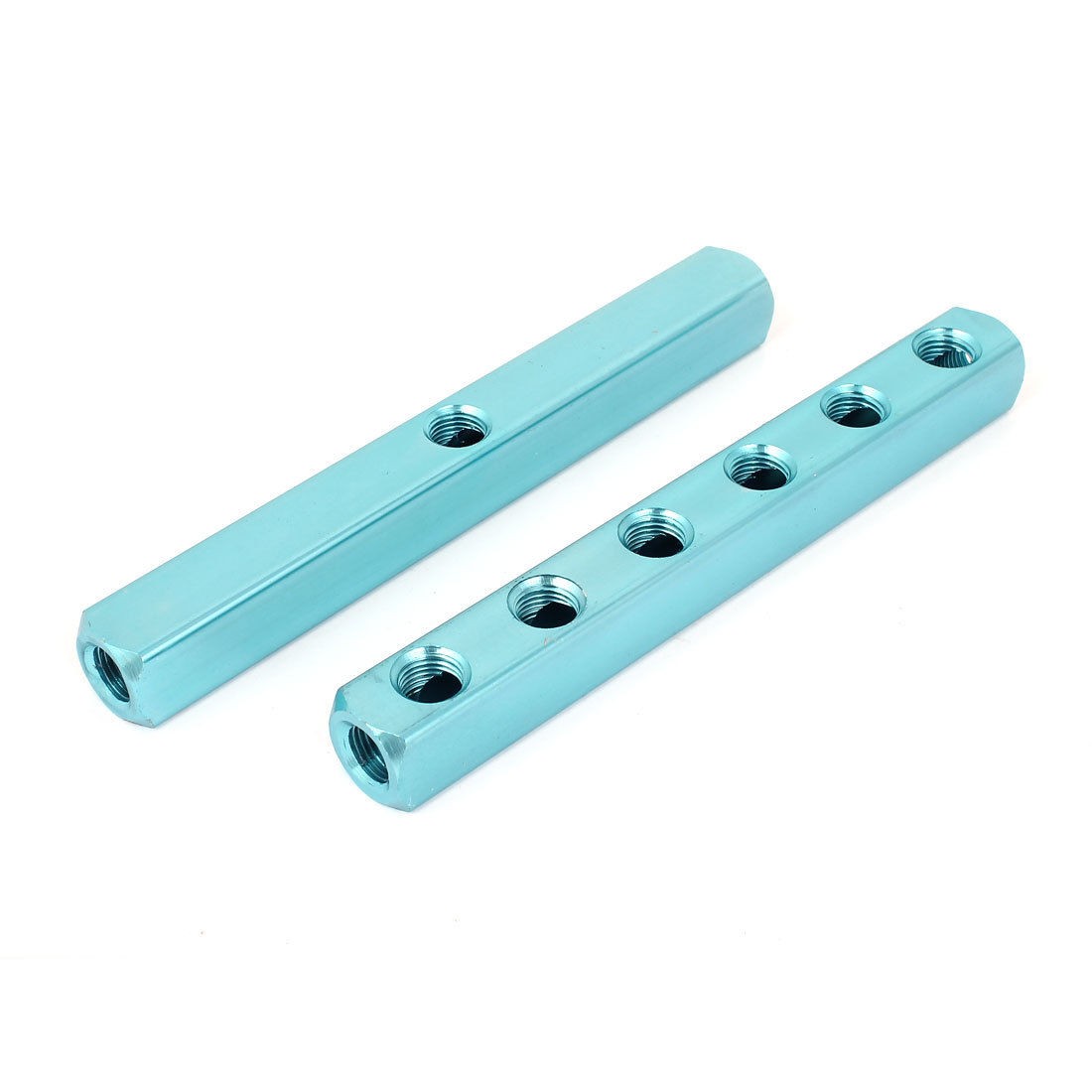 Pneumatic 6 Way Air Hose Inline Manifold Block Splitter Teal Blue 2 Pcs