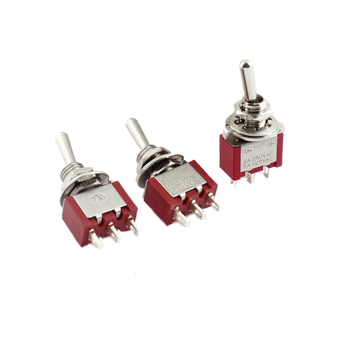 AC250V 2A AC120V 6A 6mm SPDT 3 Pin 2 Position Toggle Switch Red 3 Pcs