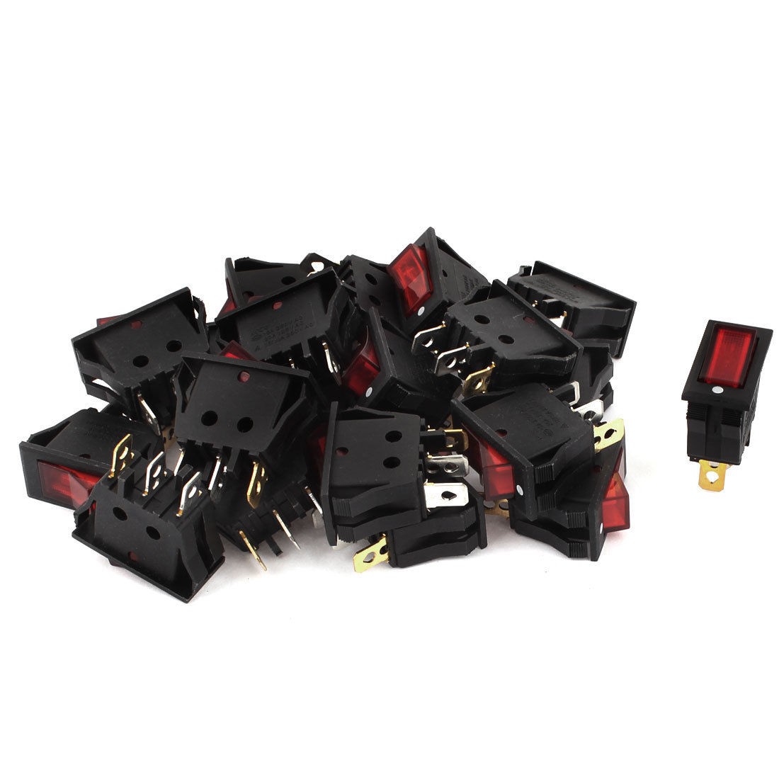 AC 250V 15A 125V 20A Red Lamp SPST 2 Position 3pin Snap in Rocker Switch 20pcs