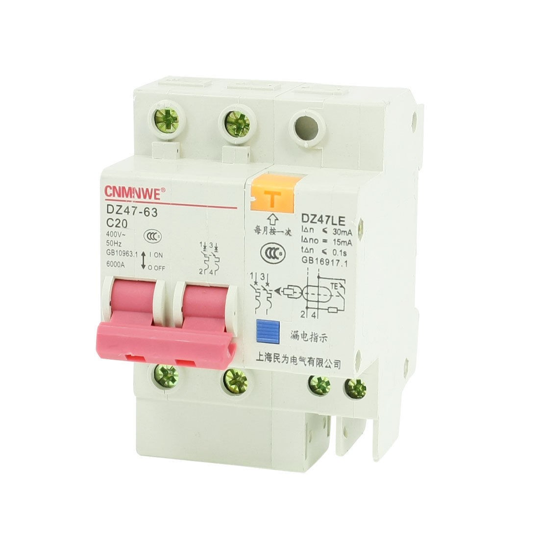 DIN Rail Mount Two Poles Miniature Circuit Breaker 400VAC 20A 6000A DZ47LE-63
