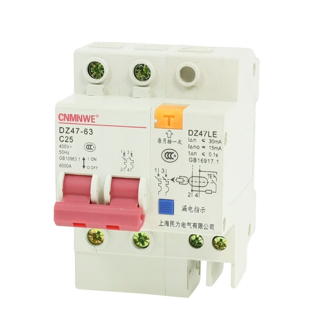 DZ47LE-63 25A 400VAC Overload Protection 2 Poles MCB Mini Circuit Breaker 6000A