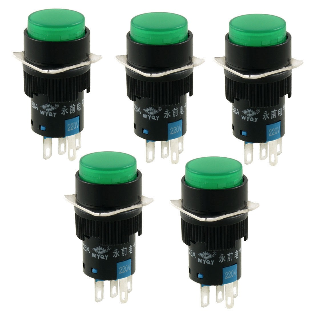 5 Pcs AC 220V Green Lamp Latching 1NO 1NC Round Push Button Switch Qujkj