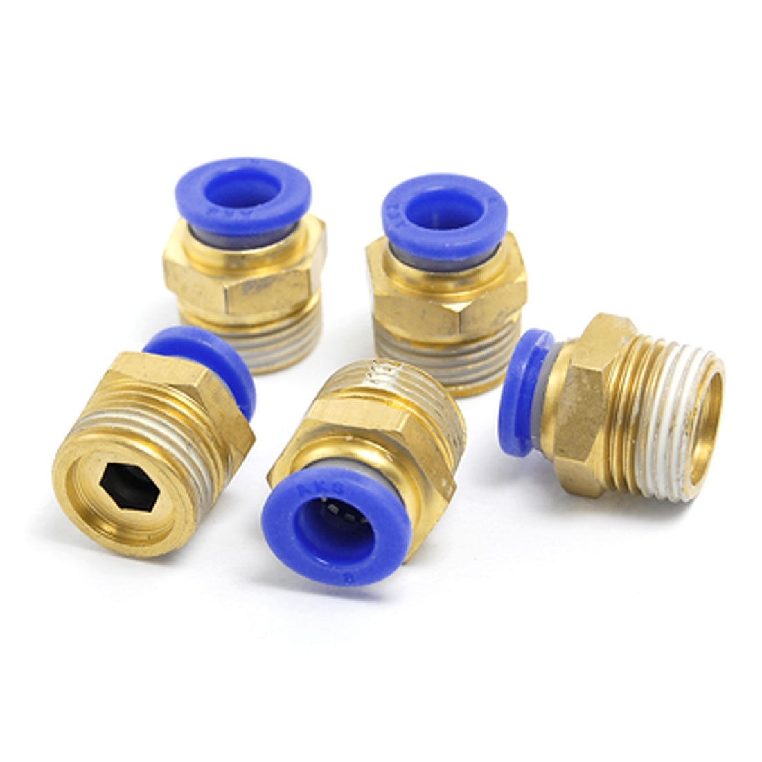 Blue Gold Tone Pneumatic Air Tubing Push in 8mm Connect Fittings 5 Pcs