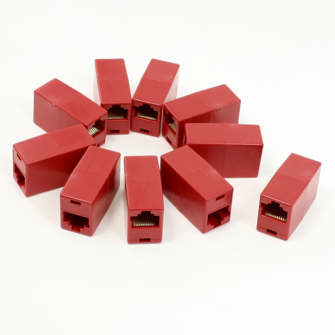 Red Double Connector RJ45 F/F Modular Network Inline Coupler Adapter 10 Pcs