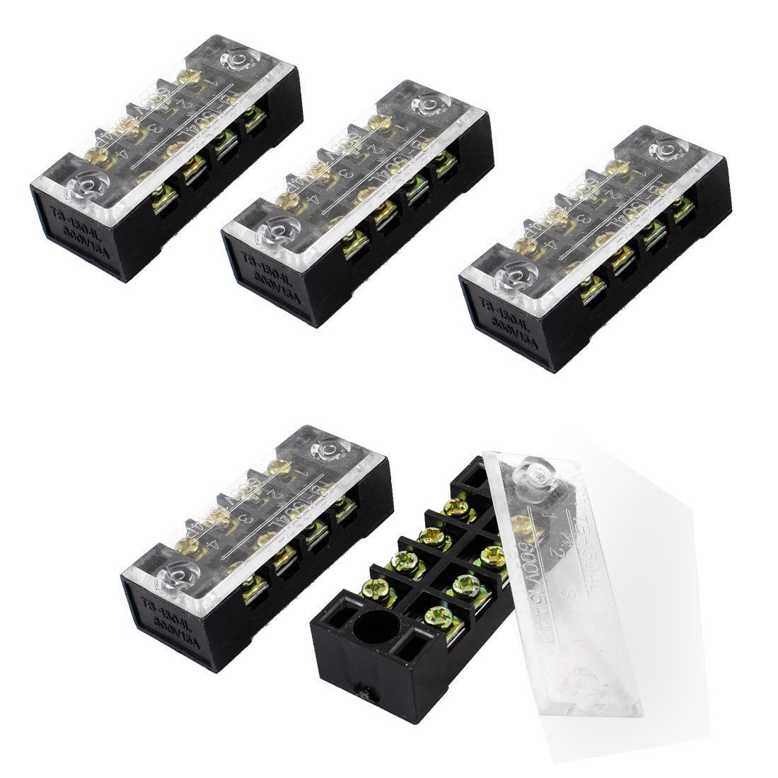 5 Pcs Dual Row 4 Position Covered Screw Terminal Block Strip Black 600V 15A