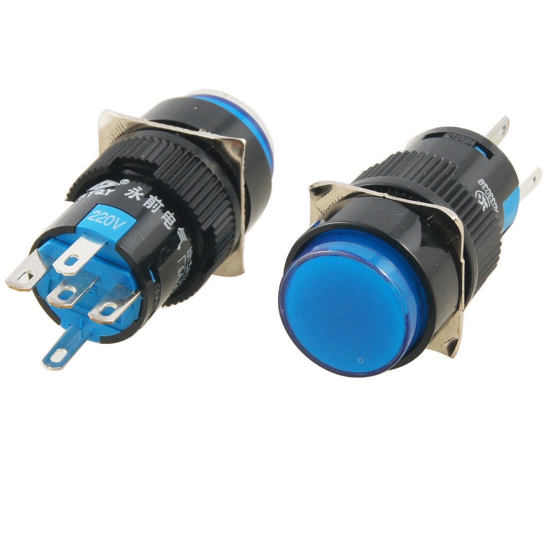2 Pcs Blue Round AC 220V Light Latching 1NO 1NC AC 250V 5A Pushbutton Switch