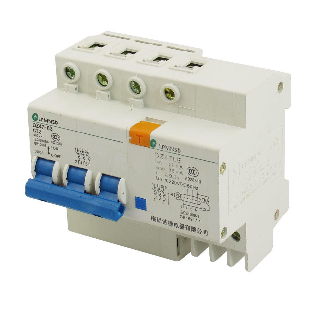 DZ47-63 DZ47LE 32A 400VAC 6000A 3 Pole Mini ELCB Earth Leakage Circuit Breaker