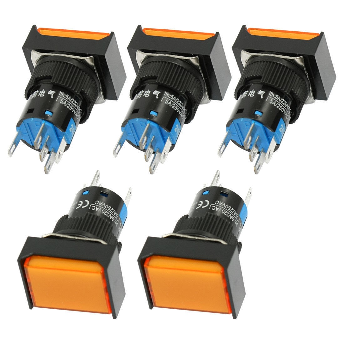 5 Pcs DC 24V Orange Lamp NO NC Latching Rectangular Cap 16mm Push Button Switch