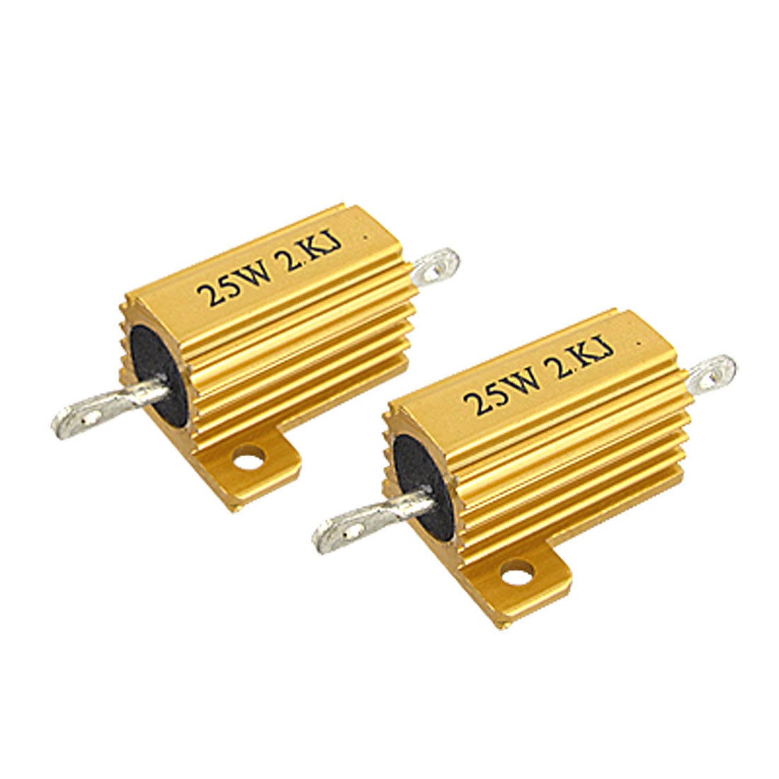 2 Pcs Gold Tone 25W 2K Ohm 5% Aluminum Clad Resistors