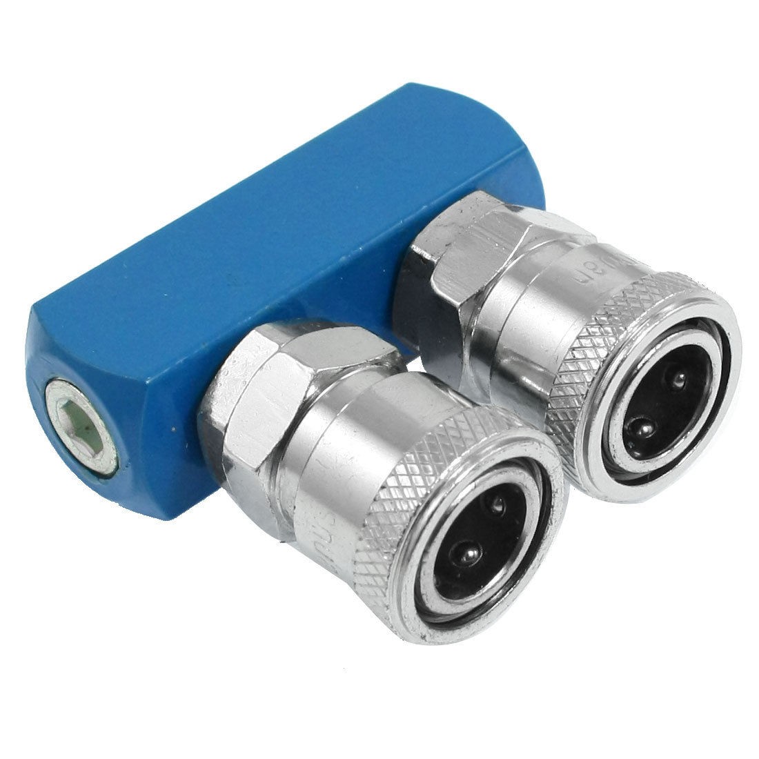 Silver Tone Blue Dual Pass Air Hose Quick Connect Metal Coupling