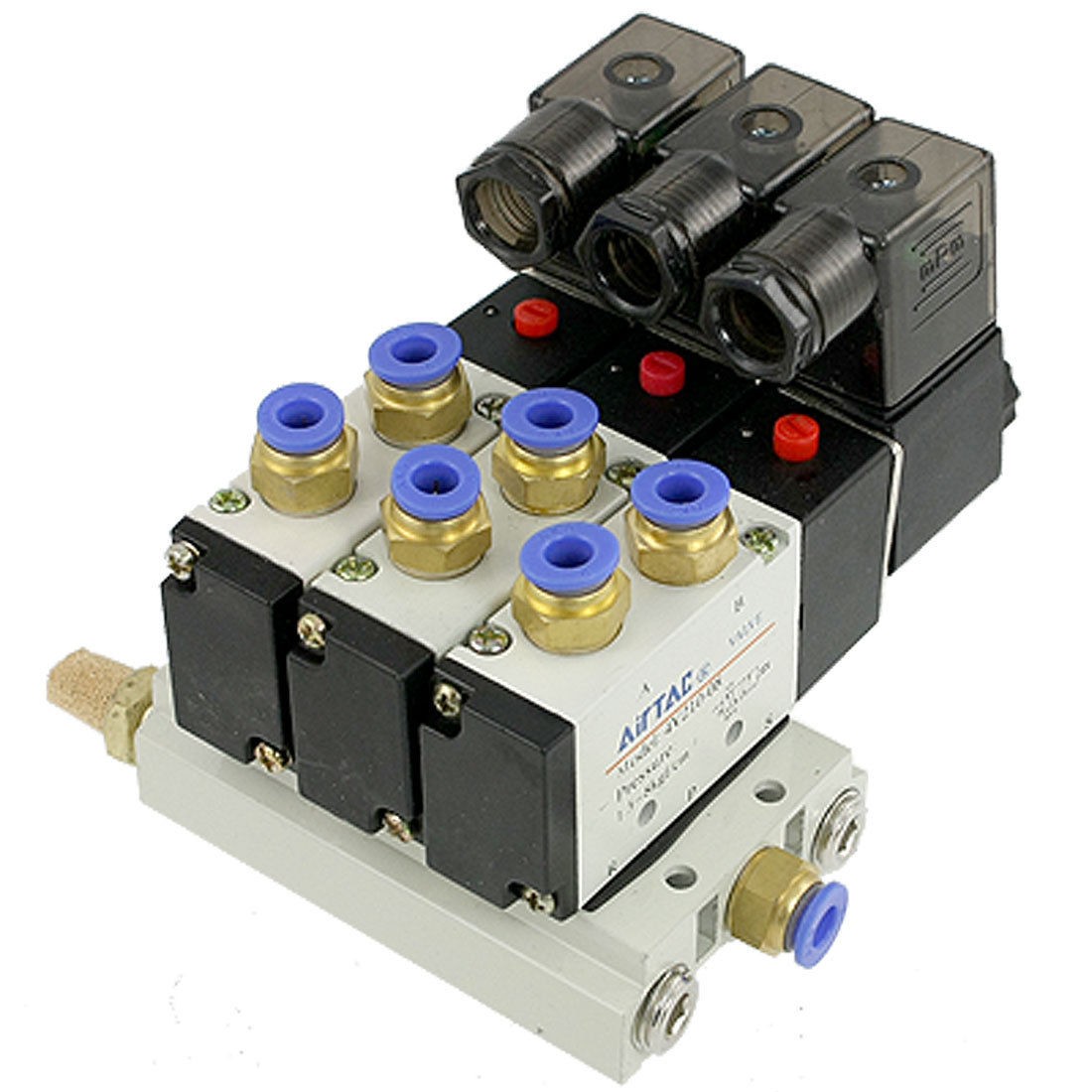 Pneumatic DC 24V 5 Way Triple Solenoid Valve w Base Push in Connectors Silencer