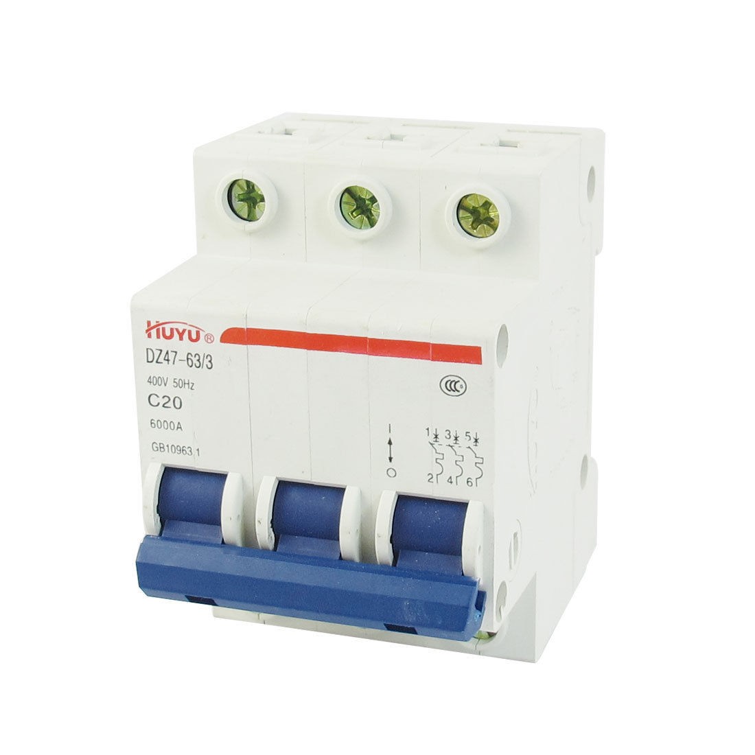 DZ47-63 C20 3P 35mm DIN Rail MCB Miniature Circuit Breaker 6000A 20A 400V AC