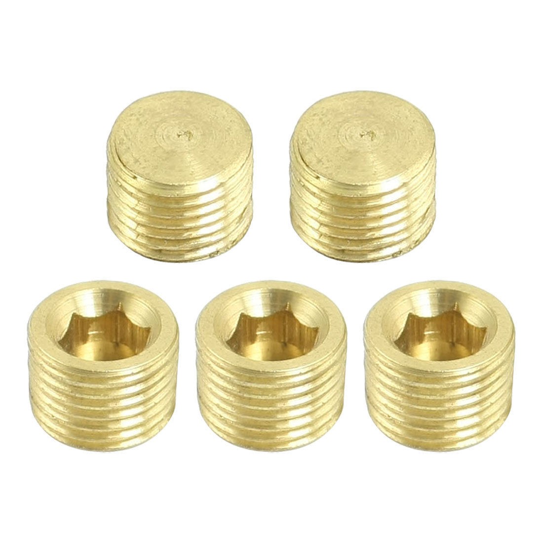 5 Pcs 9mm Threaded Metal Internal Hex Head Socket Pipe Plugs Gold Tone