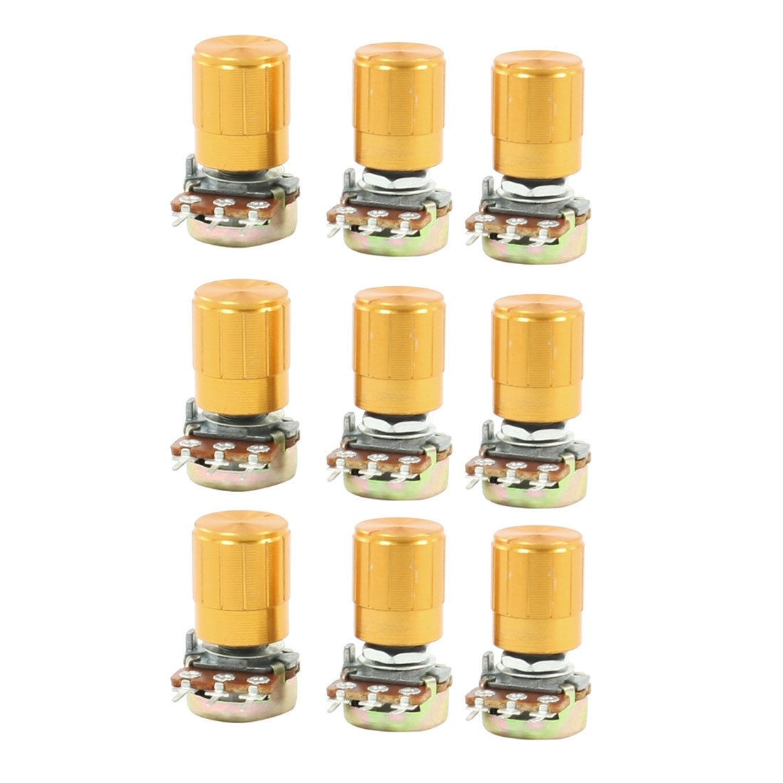 9 Pcs 50K ohm 3 Pins 6mm Split Shaft Rotary Linear Taper Potentiometers w Knob