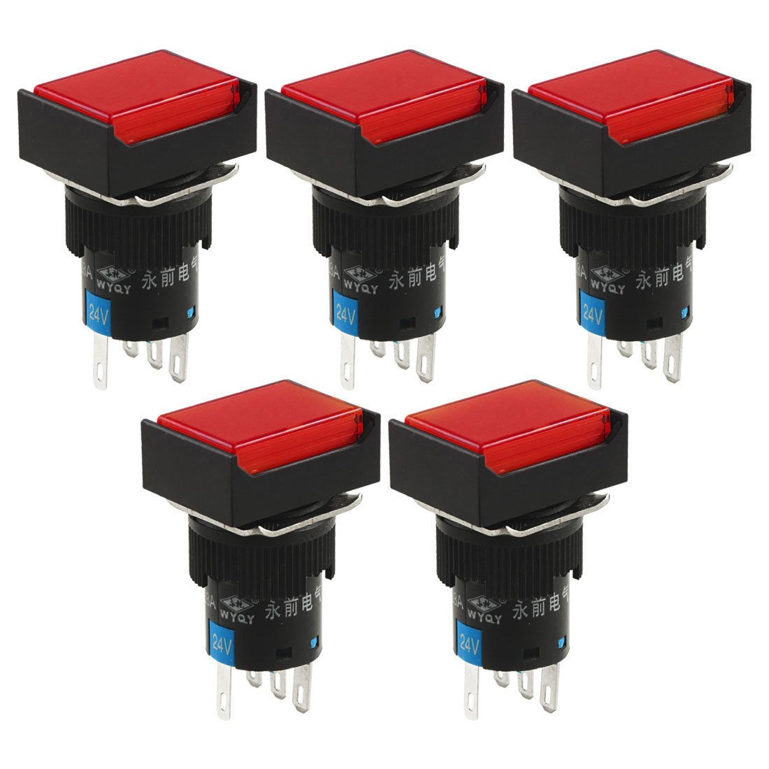 DC 24V Red Lamp 1NO 1NC Latching Rectangular Push Button Switch 5 Pcs