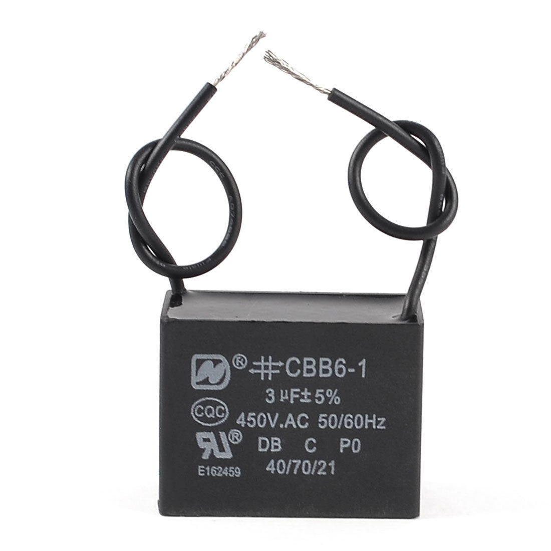 CBB6-1 AC 450V 3uF 2 Wire Lead Non Polar Motor Running Capacitor Black
